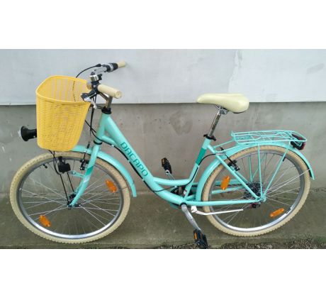 Dámsky mestský bicykel DACAPO vpredu s plastovým košíkom + LED svetlá