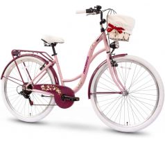 Dámsky romantický mestský bicykel s košíkom 18" rám 28" kolesá 7 prevodov Shimano na zadnom kolese