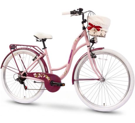 Dámsky romantický mestský bicykel s košíkom 18" rám 28" kolesá 7 prevodov Shimano na zadnom kolese